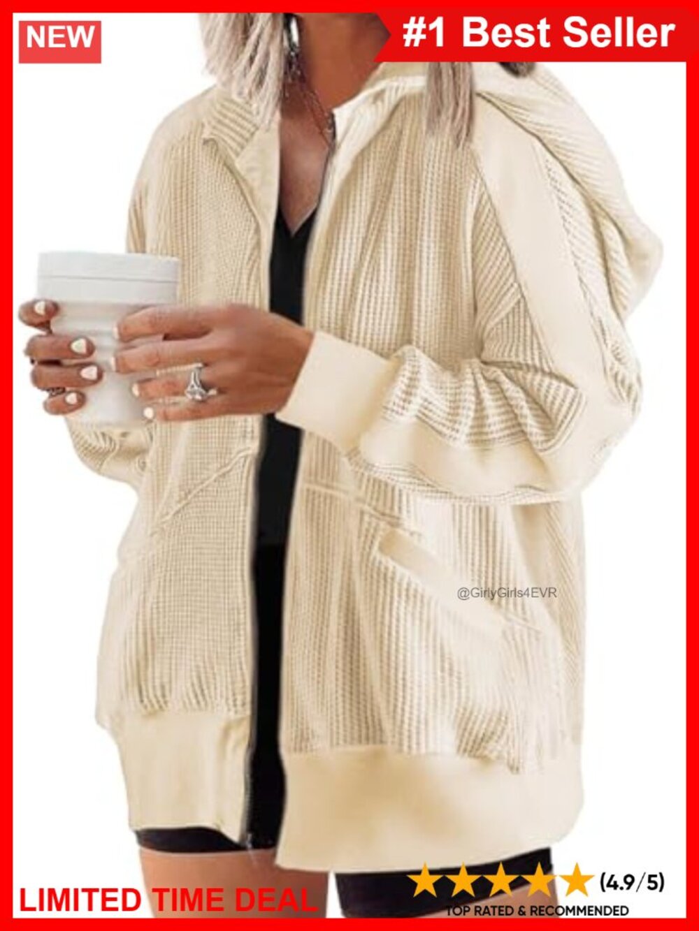 Plus Size Waffle Knit Zip Up Hoodie Oversized Sweatshirt